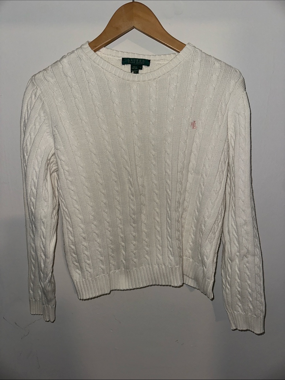 Vintage Lauren Ralph Lauren pink logo White Cable Knit Sweater *fits like S/M